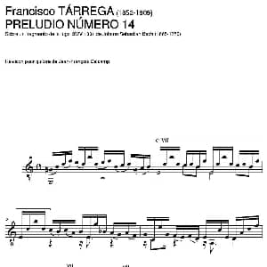 PRELUDIO NUMERO 14 Sobre un fragmento de la fuga BWV 1001 de Johann Sebastian Ba 吉他谱 弗朗西斯科 泰雷加 Francisco Tarrega 1852 1909