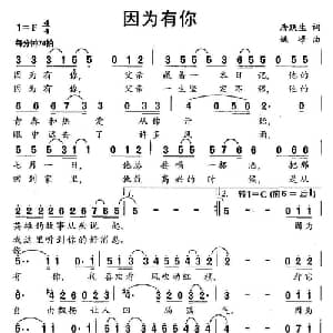 因为有你_通俗唱法乐谱_词曲:唐跃生 姚峰