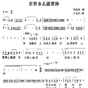 世界多么需要你_通俗唱法乐谱_词曲:司传和 王光兴