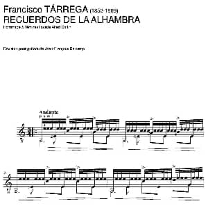RECUERDOS DE LA ALHAMBRA Hommage a I'eminent artiste Alfed Cottin 吉他谱 弗朗西斯科 泰雷加 Francisco Tarrega 1852 1909